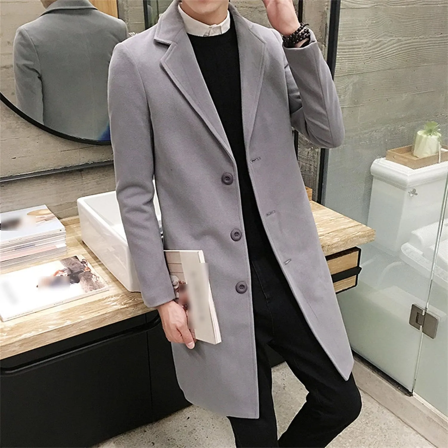 Maiyifu-GJ Men's Wool Blend Pea Coat Notched Lapel Single Breasted Long Peacoat Overcoat Warm Winter Trench Coat