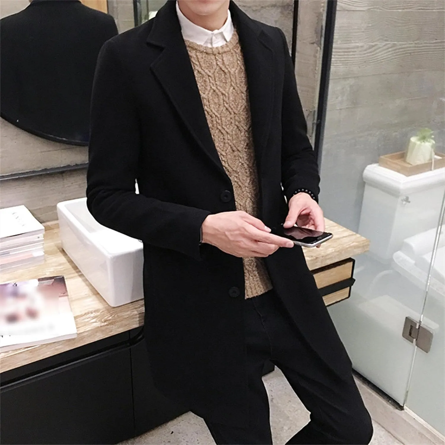 Maiyifu-GJ Men's Wool Blend Pea Coat Notched Lapel Single Breasted Long Peacoat Overcoat Warm Winter Trench Coat