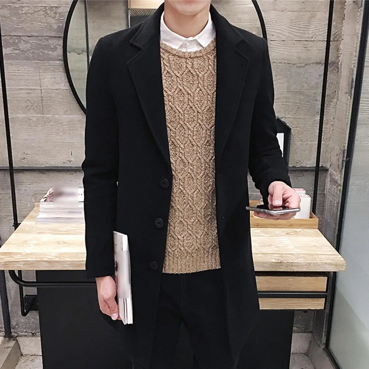 Maiyifu-GJ Men's Wool Blend Pea Coat Notched Lapel Single Breasted Long Peacoat Overcoat Warm Winter Trench Coat