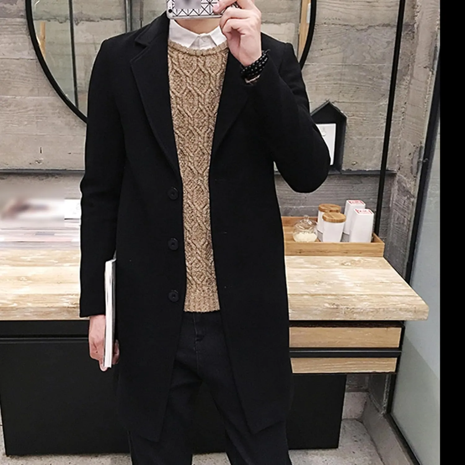 Maiyifu-GJ Men's Wool Blend Pea Coat Notched Lapel Single Breasted Long Peacoat Overcoat Warm Winter Trench Coat