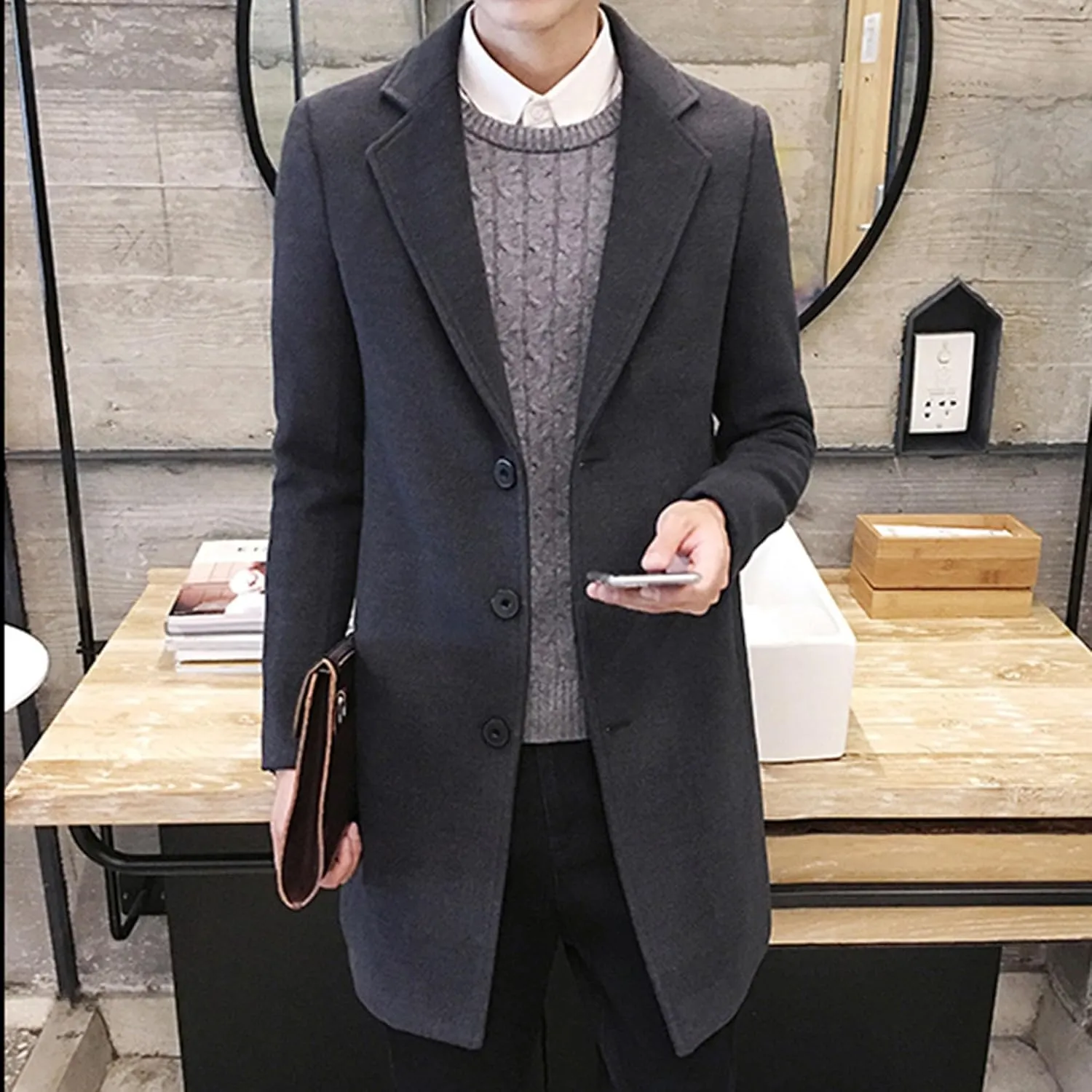 Maiyifu-GJ Men's Wool Blend Pea Coat Notched Lapel Single Breasted Long Peacoat Overcoat Warm Winter Trench Coat