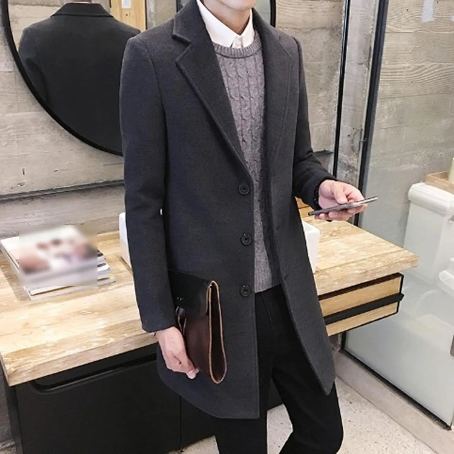 Maiyifu-GJ Men's Wool Blend Pea Coat Notched Lapel Single Breasted Long Peacoat Overcoat Warm Winter Trench Coat