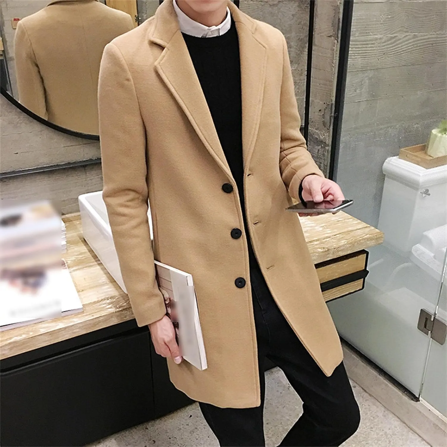 Maiyifu-GJ Men's Wool Blend Pea Coat Notched Lapel Single Breasted Long Peacoat Overcoat Warm Winter Trench Coat