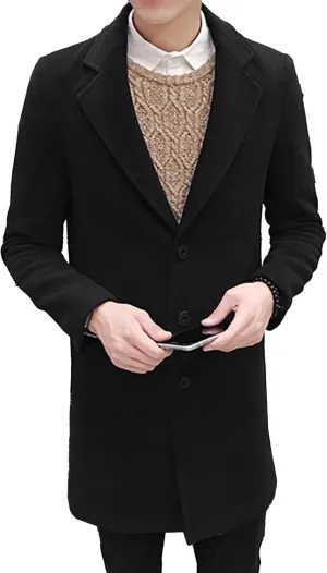 Maiyifu-GJ Men's Wool Blend Pea Coat Notched Lapel Single Breasted Long Peacoat Overcoat Warm Winter Trench Coat