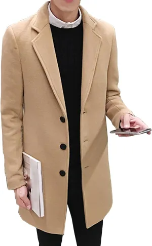 Maiyifu-GJ Men's Wool Blend Pea Coat Notched Lapel Single Breasted Long Peacoat Overcoat Warm Winter Trench Coat