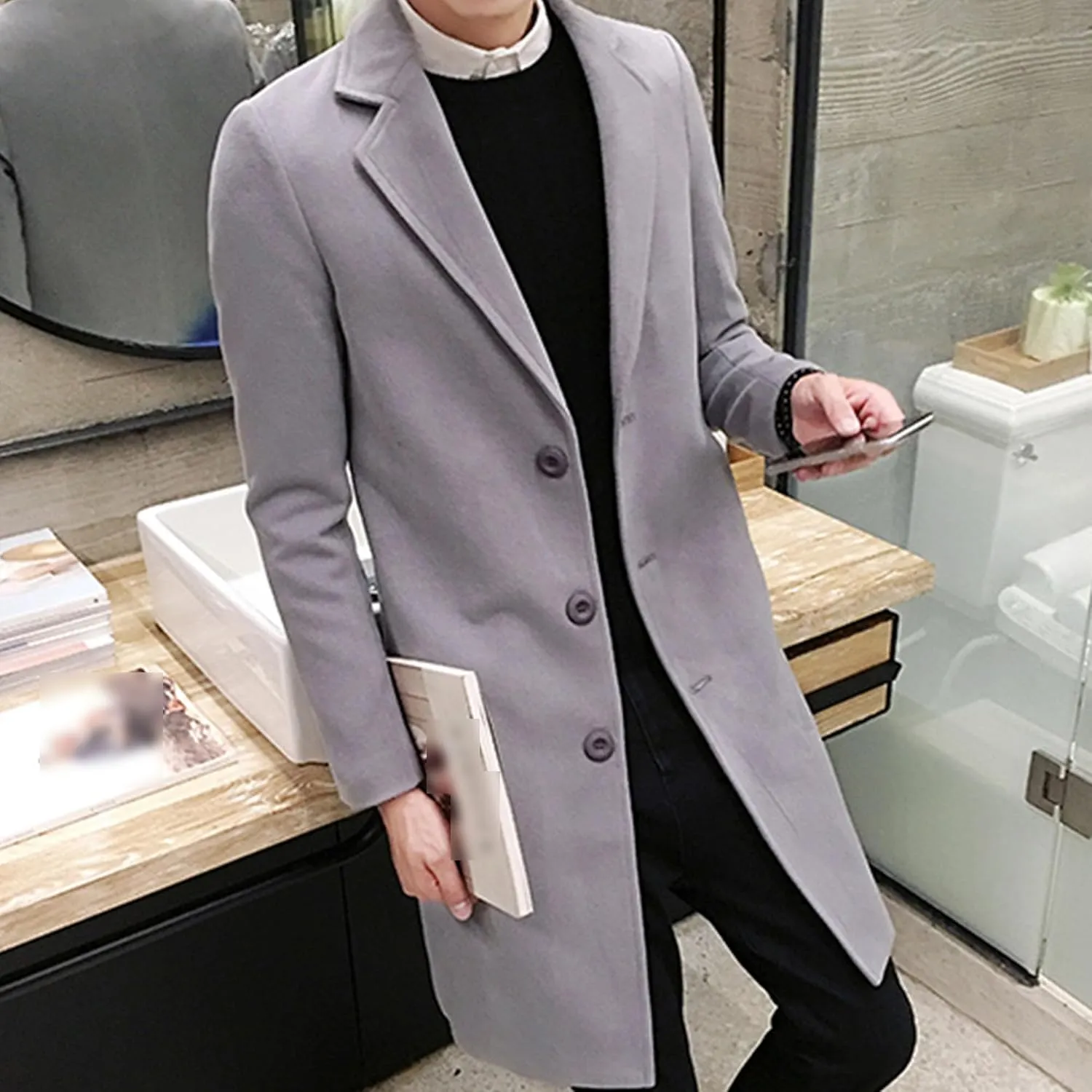 Maiyifu-GJ Men's Wool Blend Pea Coat Notched Lapel Single Breasted Long Peacoat Overcoat Warm Winter Trench Coat