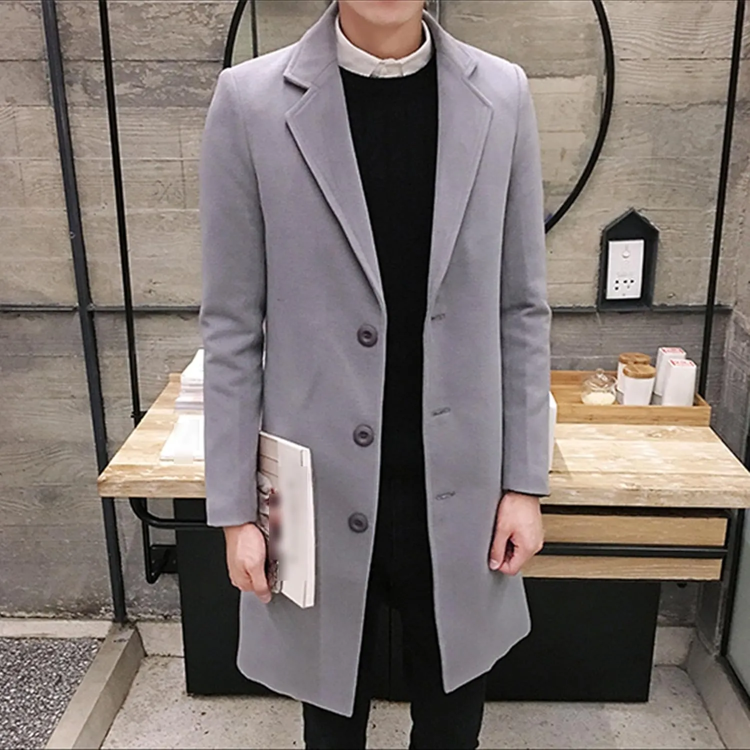 Maiyifu-GJ Men's Wool Blend Pea Coat Notched Lapel Single Breasted Long Peacoat Overcoat Warm Winter Trench Coat