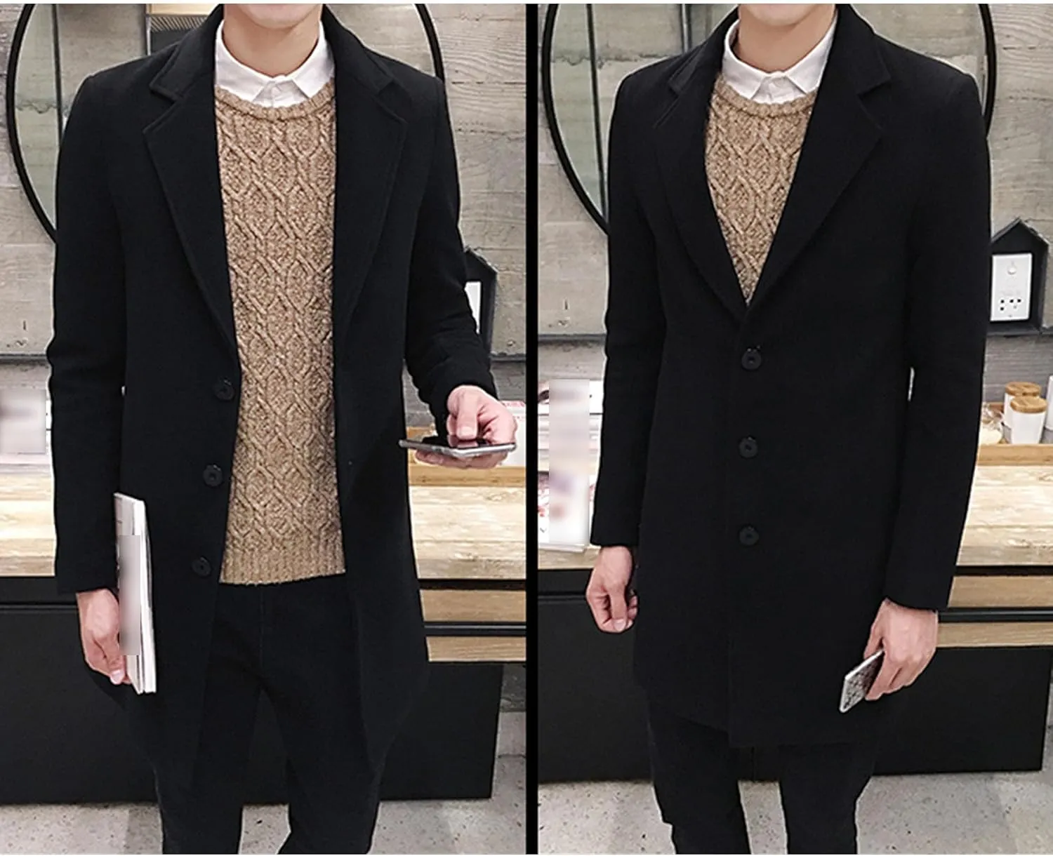 Maiyifu-GJ Men's Wool Blend Pea Coat Notched Lapel Single Breasted Long Peacoat Overcoat Warm Winter Trench Coat