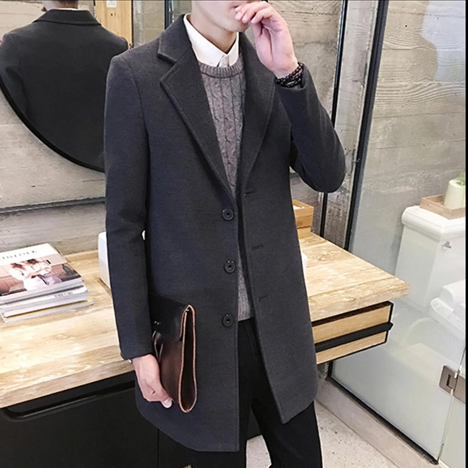 Maiyifu-GJ Men's Wool Blend Pea Coat Notched Lapel Single Breasted Long Peacoat Overcoat Warm Winter Trench Coat