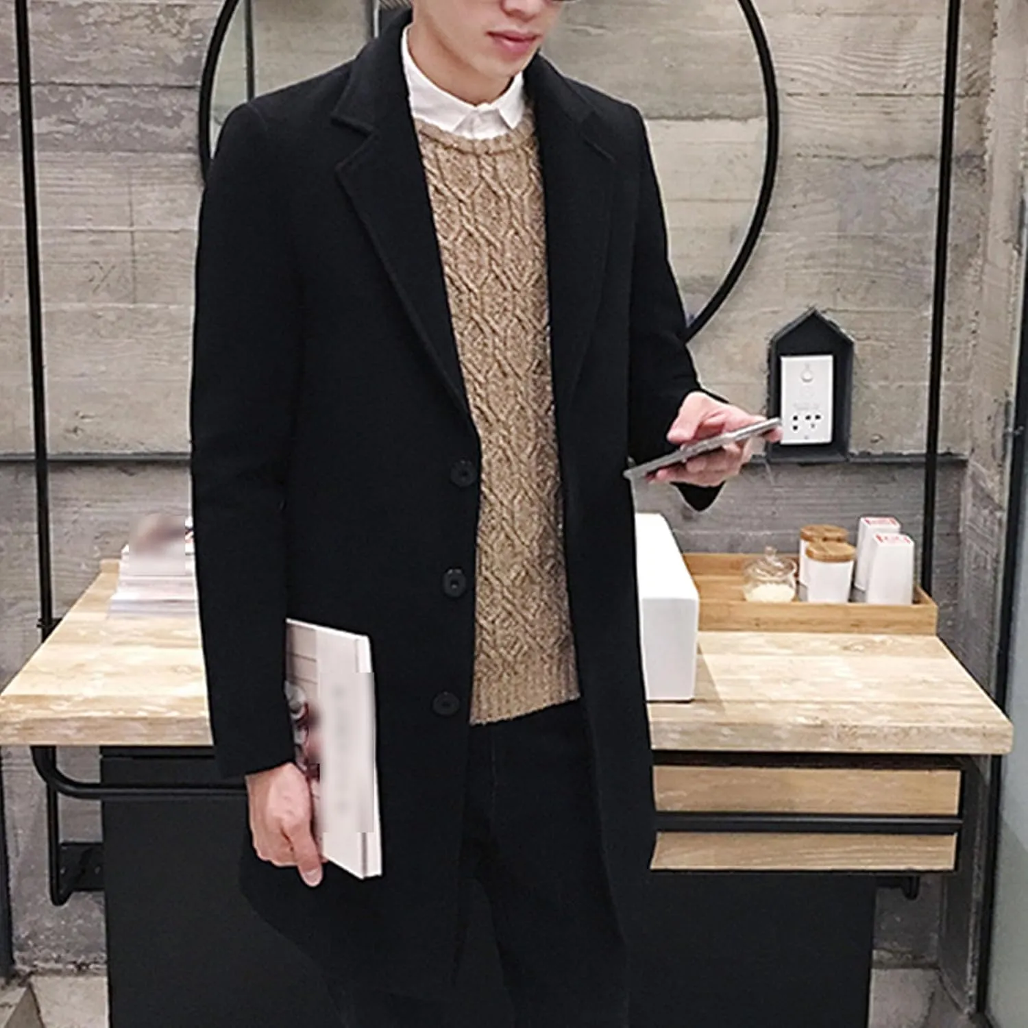 Maiyifu-GJ Men's Wool Blend Pea Coat Notched Lapel Single Breasted Long Peacoat Overcoat Warm Winter Trench Coat