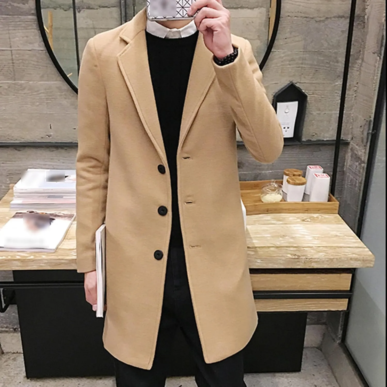 Maiyifu-GJ Men's Wool Blend Pea Coat Notched Lapel Single Breasted Long Peacoat Overcoat Warm Winter Trench Coat
