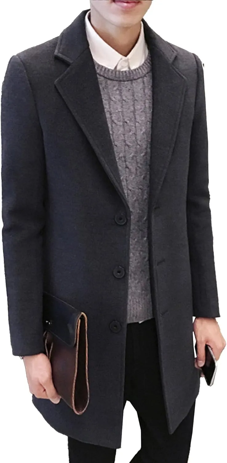 Maiyifu-GJ Men's Wool Blend Pea Coat Notched Lapel Single Breasted Long Peacoat Overcoat Warm Winter Trench Coat