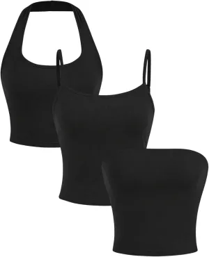 MakeMeChic Women's 3 Pack Halter Sleeveless Top Bandeau Camisole Fitted Crop Tops