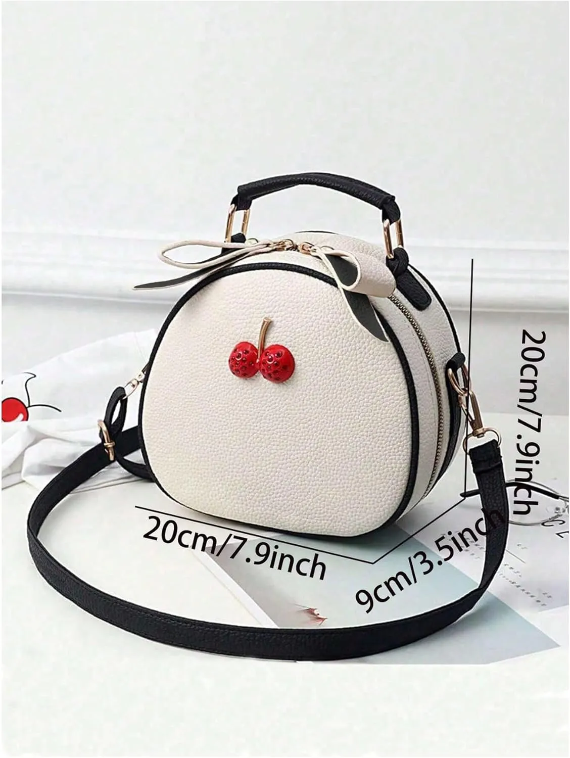 MakeMeChic Women's Cherry PU Leather Round Bag Top Handle Crossbody Handbags Satchel Purse