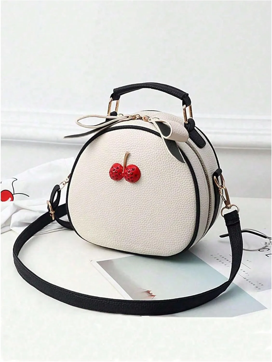 MakeMeChic Women's Cherry PU Leather Round Bag Top Handle Crossbody Handbags Satchel Purse