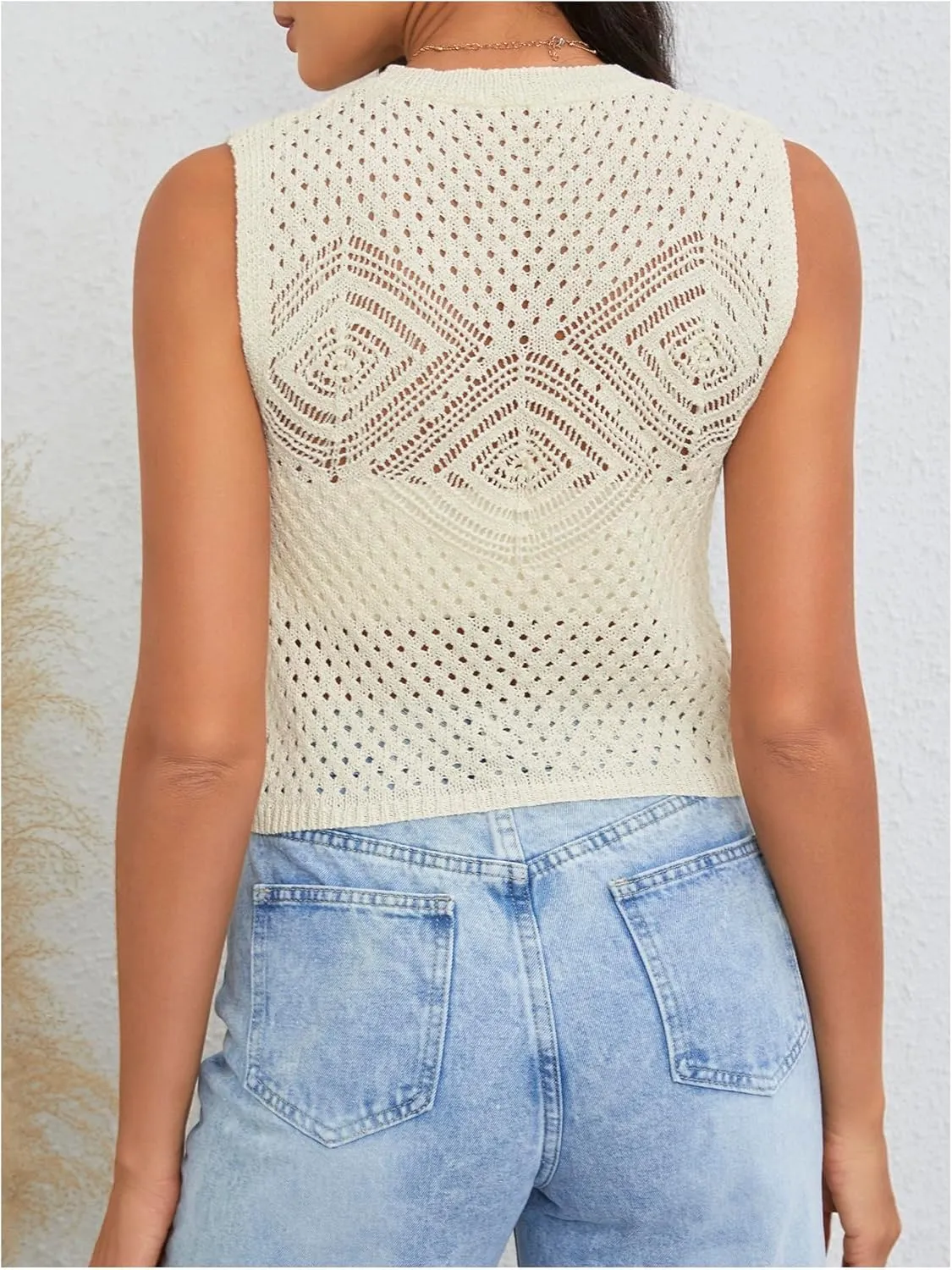 MakeMeChic Women's Crew Neck Hollow Out Sweater Vest Sleeveless Lightweight Vests Top