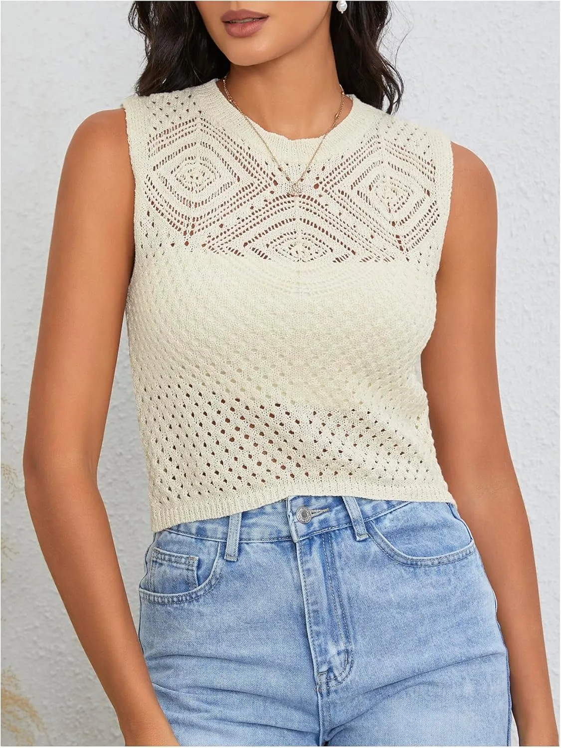 MakeMeChic Women's Crew Neck Hollow Out Sweater Vest Sleeveless Lightweight Vests Top