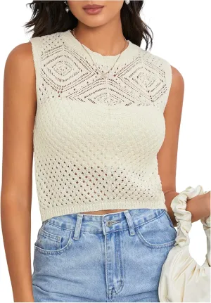 MakeMeChic Women's Crew Neck Hollow Out Sweater Vest Sleeveless Lightweight Vests Top