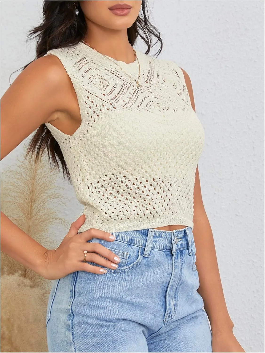 MakeMeChic Women's Crew Neck Hollow Out Sweater Vest Sleeveless Lightweight Vests Top