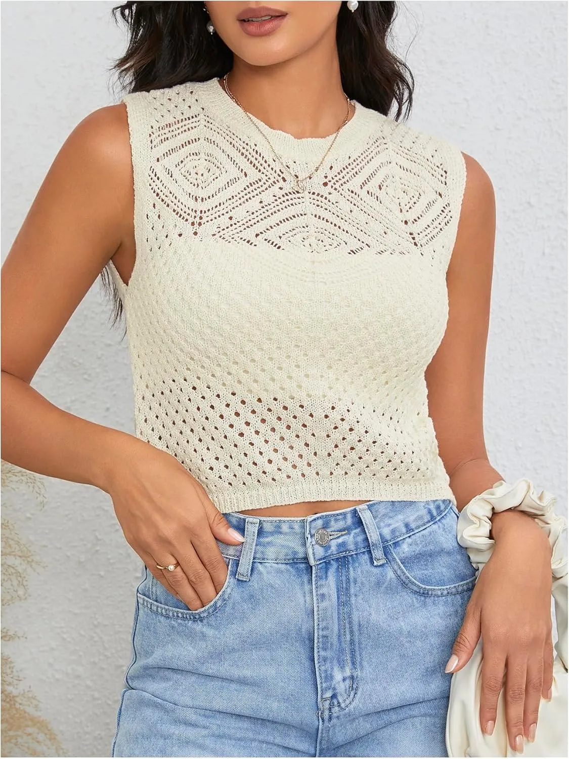 MakeMeChic Women's Crew Neck Hollow Out Sweater Vest Sleeveless Lightweight Vests Top