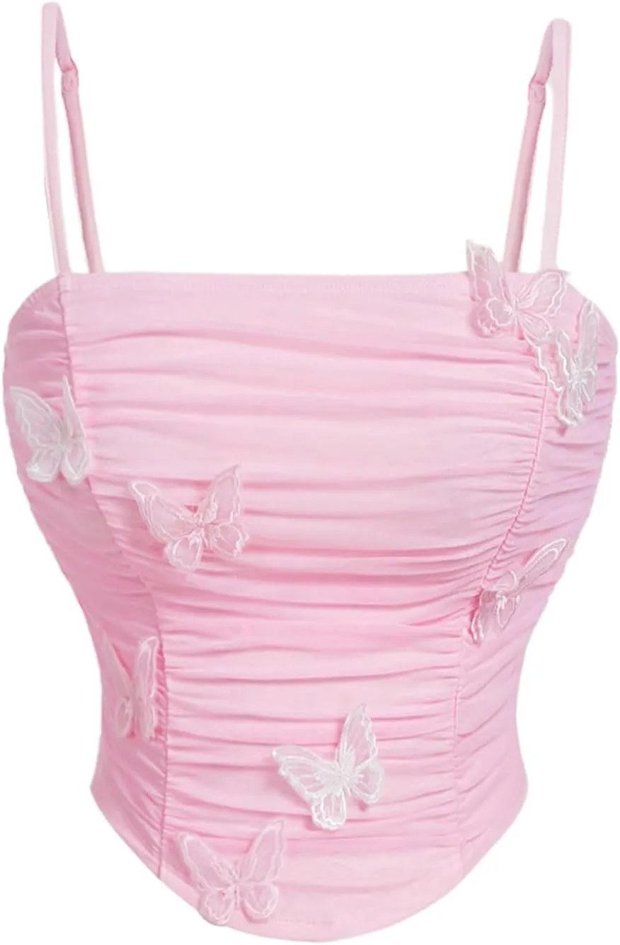 MakeMeChic Women's Mesh Butterfly Spaghetti Strap Camisole Ruched Sleeveless Y2k Tank Top