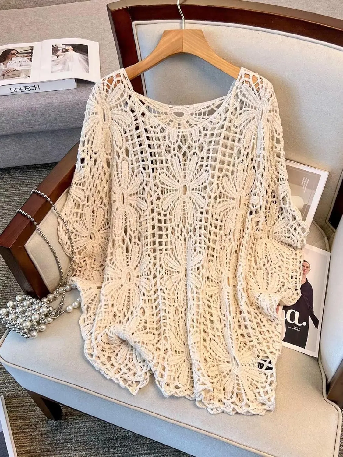 MakeMeChic Women's Plus Size Crochet Tops Floral Dolman Sleeve Summer Spring Top