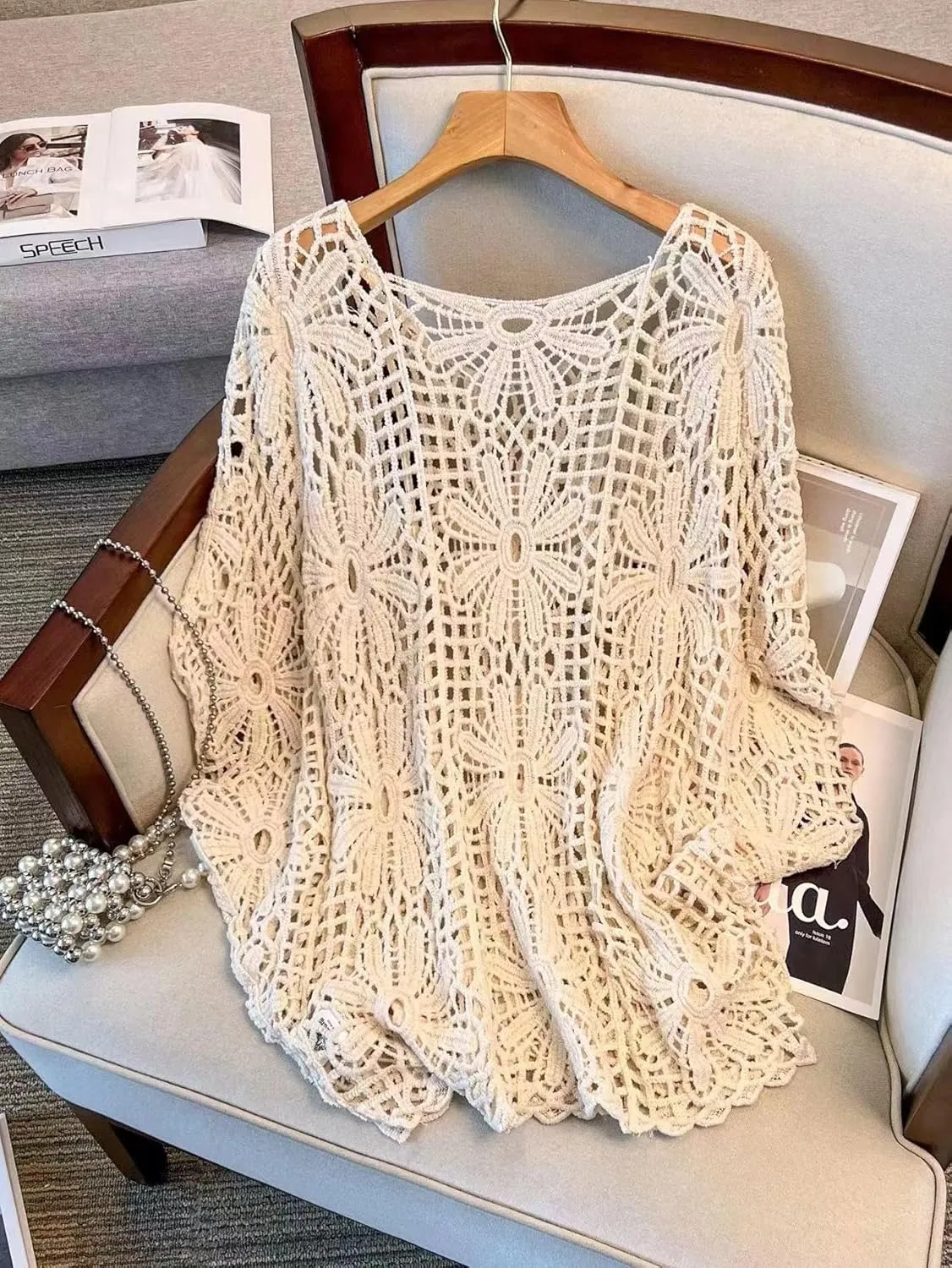 MakeMeChic Women's Plus Size Crochet Tops Floral Dolman Sleeve Summer Spring Top