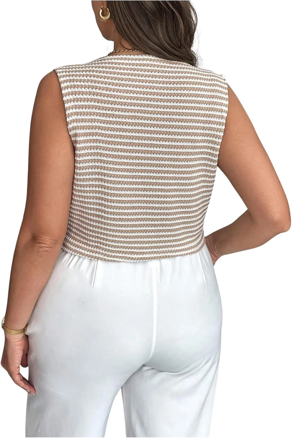 MakeMeChic Women's Plus Size Striped Print Sleeveless V Neck Button Down Vest Top