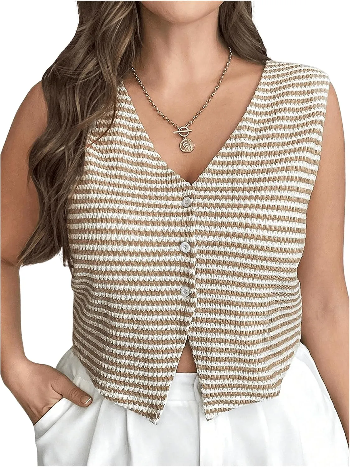 MakeMeChic Women's Plus Size Striped Print Sleeveless V Neck Button Down Vest Top