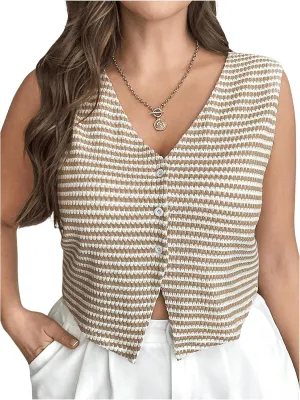 MakeMeChic Women's Plus Size Striped Print Sleeveless V Neck Button Down Vest Top