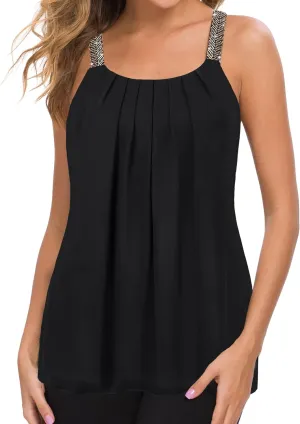 MANER Women's Plus Size Cami Casual Pleated Chiffon Tank Top with Beaded Strap