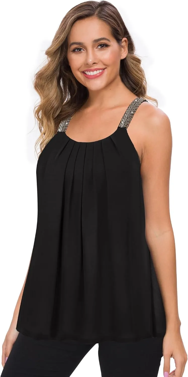 MANER Women's Plus Size Cami Casual Pleated Chiffon Tank Top with Beaded Strap