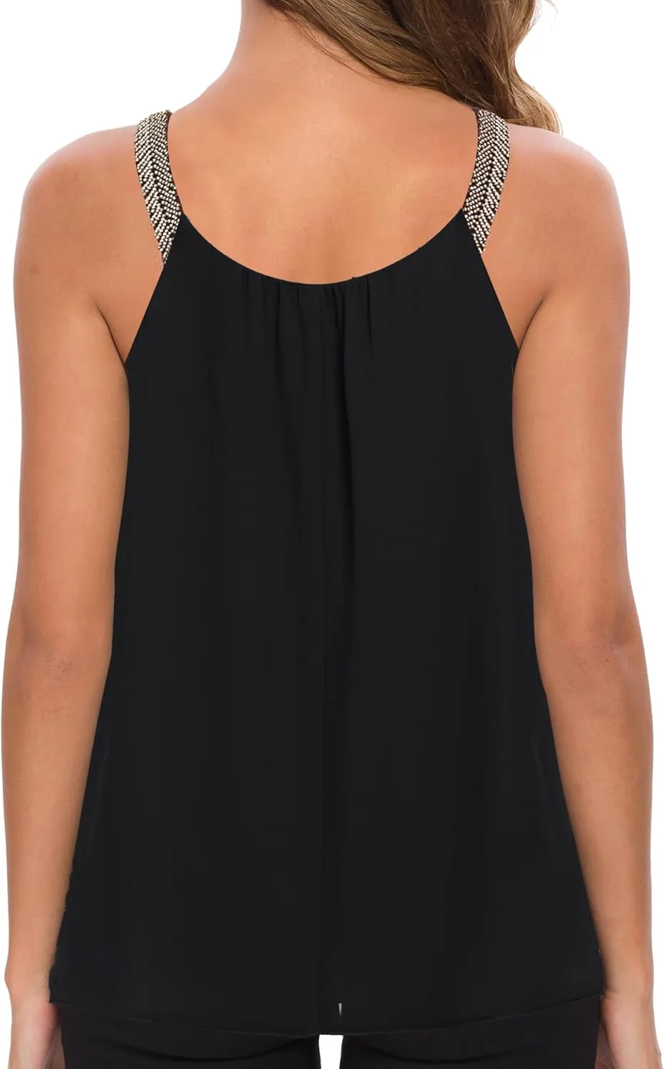 MANER Women's Plus Size Cami Casual Pleated Chiffon Tank Top with Beaded Strap