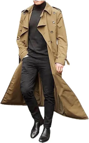 Man's Double Breasted Trench Coat Casual Lapel Long Windbreaker Slim Fit Jacket Windproof Overcoat With Belt