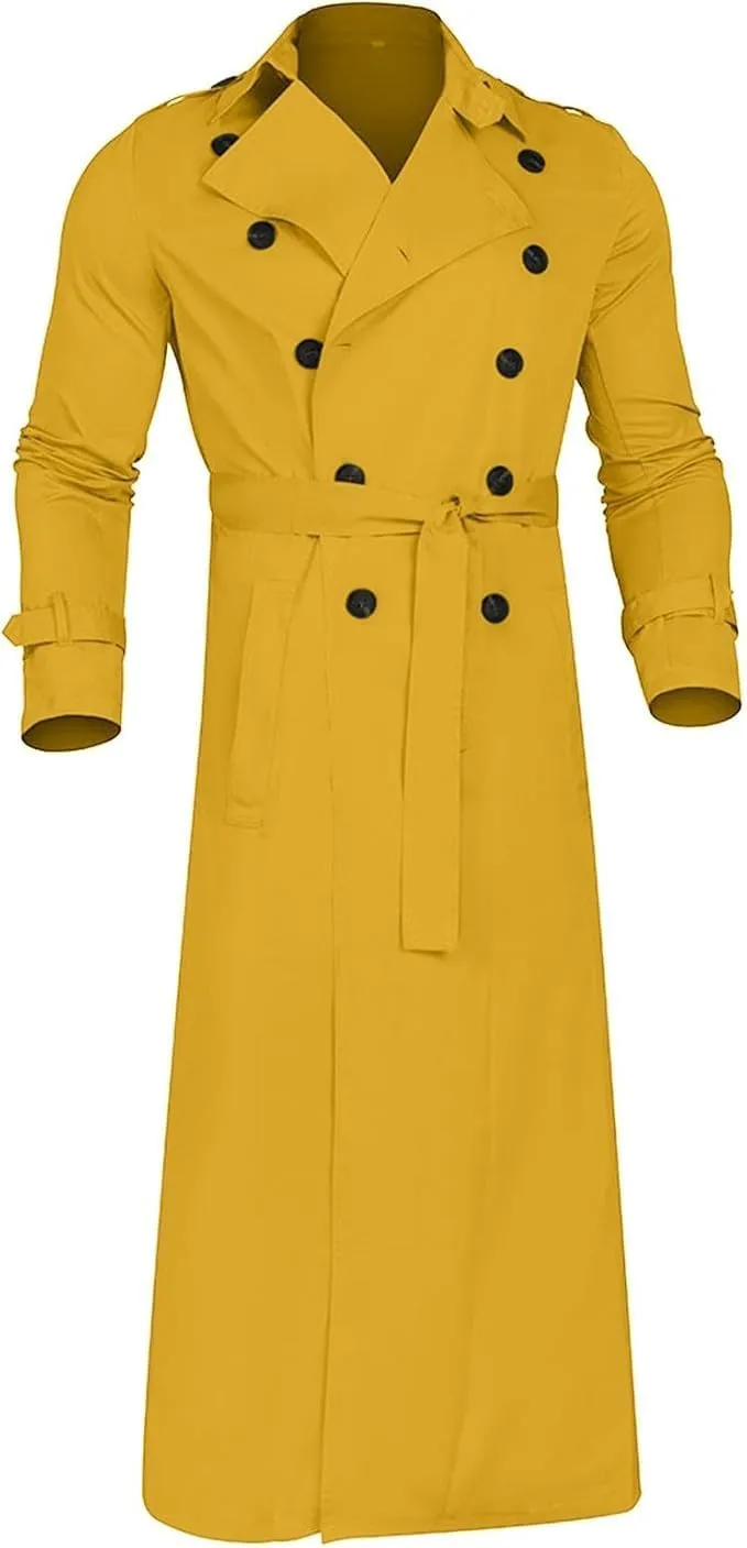 Man's Double Breasted Trench Coat Casual Lapel Long Windbreaker Slim Fit Jacket Windproof Overcoat With Belt