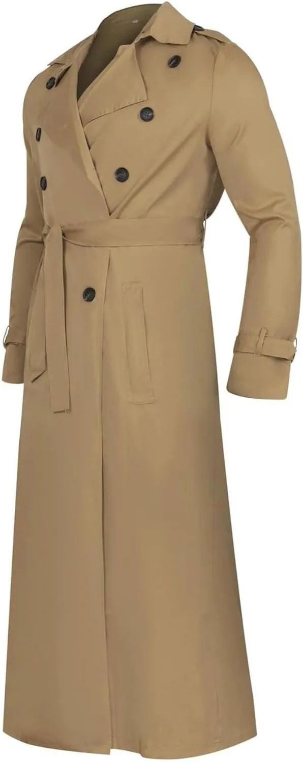 Man's Double Breasted Trench Coat Casual Lapel Long Windbreaker Slim Fit Jacket Windproof Overcoat With Belt