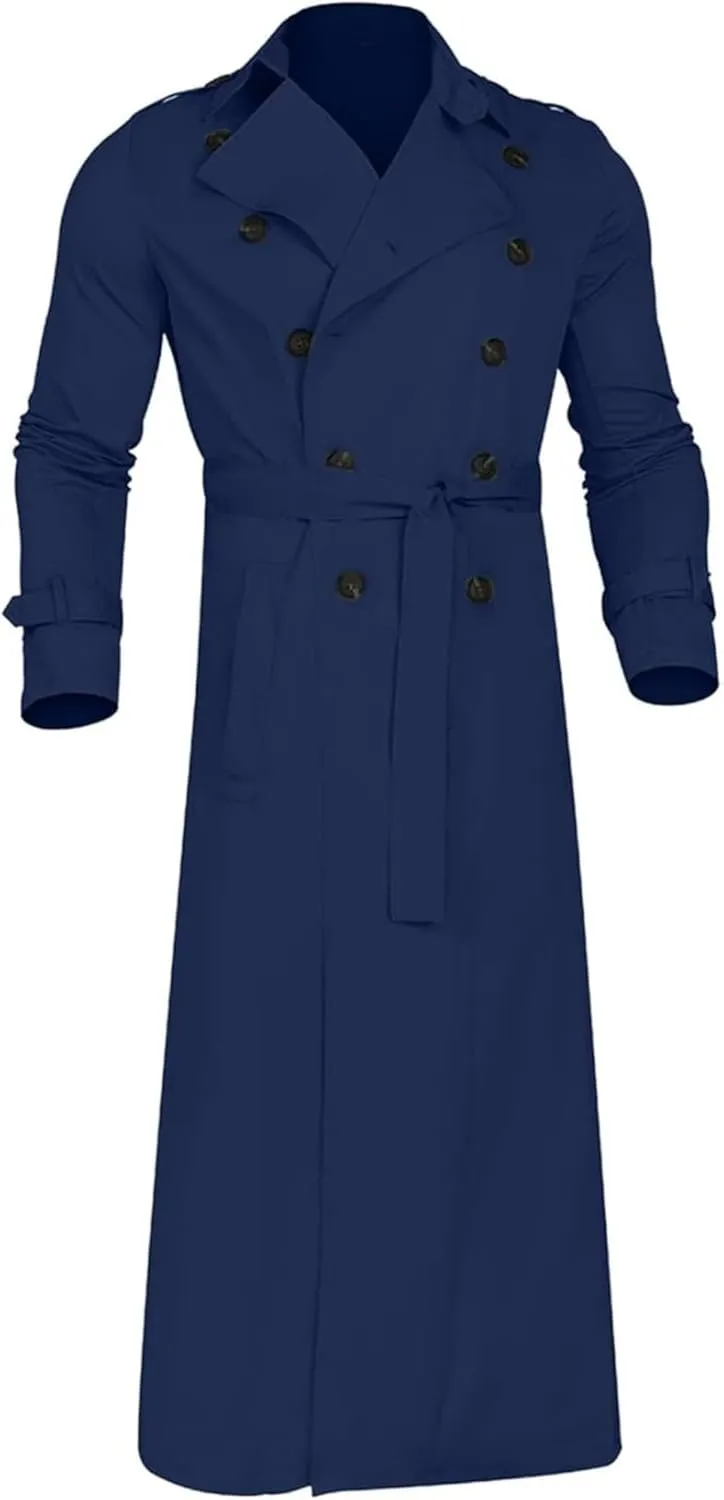 Man's Double Breasted Trench Coat Casual Lapel Long Windbreaker Slim Fit Jacket Windproof Overcoat With Belt