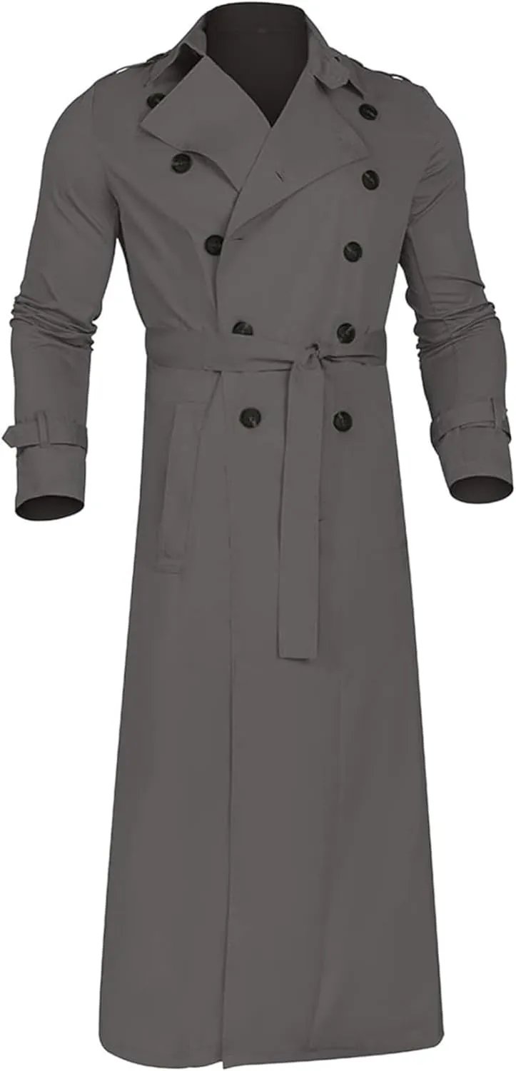 Man's Double Breasted Trench Coat Casual Lapel Long Windbreaker Slim Fit Jacket Windproof Overcoat With Belt