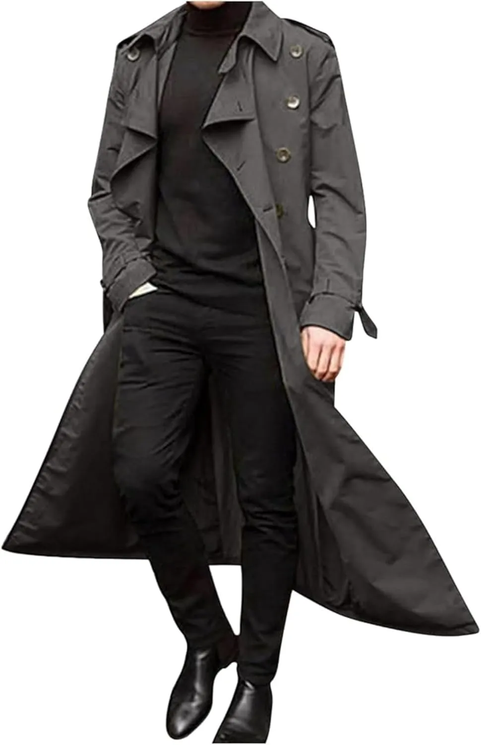 Man's Double Breasted Trench Coat Casual Lapel Long Windbreaker Slim Fit Jacket Windproof Overcoat With Belt