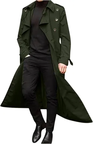 Man's Double Breasted Trench Coat Casual Lapel Long Windbreaker Slim Fit Jacket Windproof Overcoat With Belt
