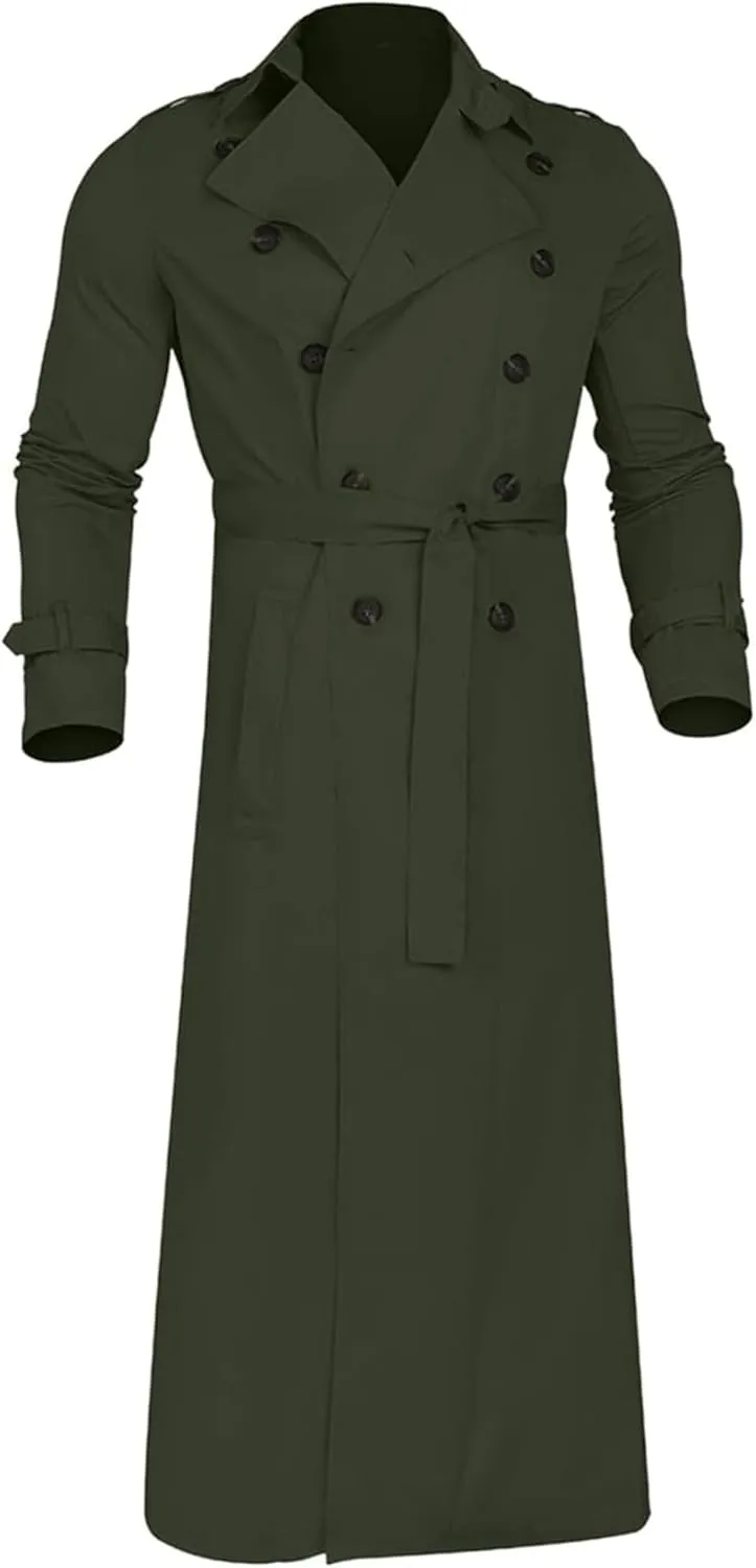 Man's Double Breasted Trench Coat Casual Lapel Long Windbreaker Slim Fit Jacket Windproof Overcoat With Belt