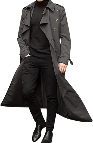 Man's Double Breasted Trench Coat Casual Lapel Long Windbreaker Slim Fit Jacket Windproof Overcoat With Belt