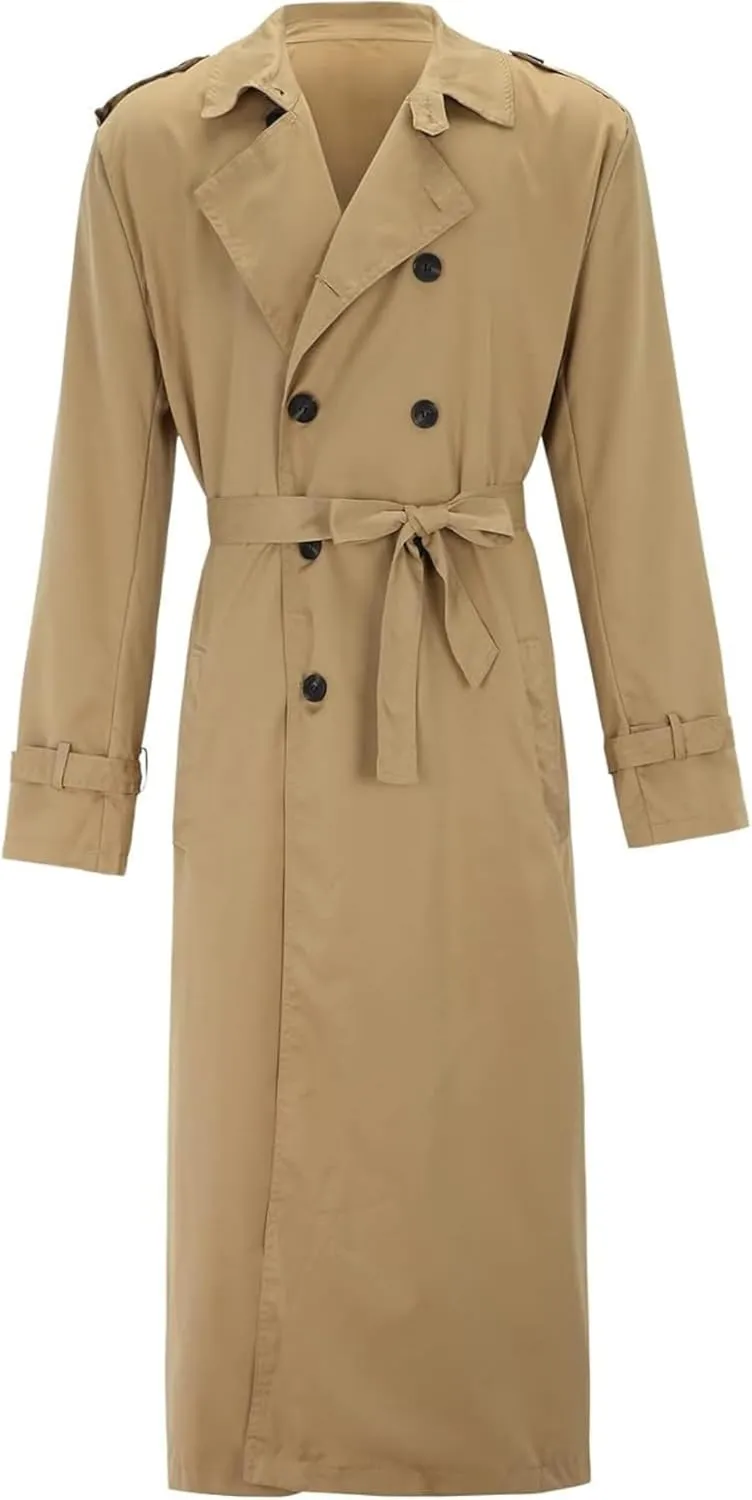 Man's Double Breasted Trench Coat Casual Lapel Long Windbreaker Slim Fit Jacket Windproof Overcoat With Belt