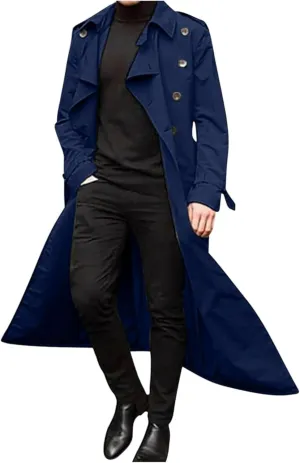 Man's Double Breasted Trench Coat Casual Lapel Long Windbreaker Slim Fit Jacket Windproof Overcoat With Belt