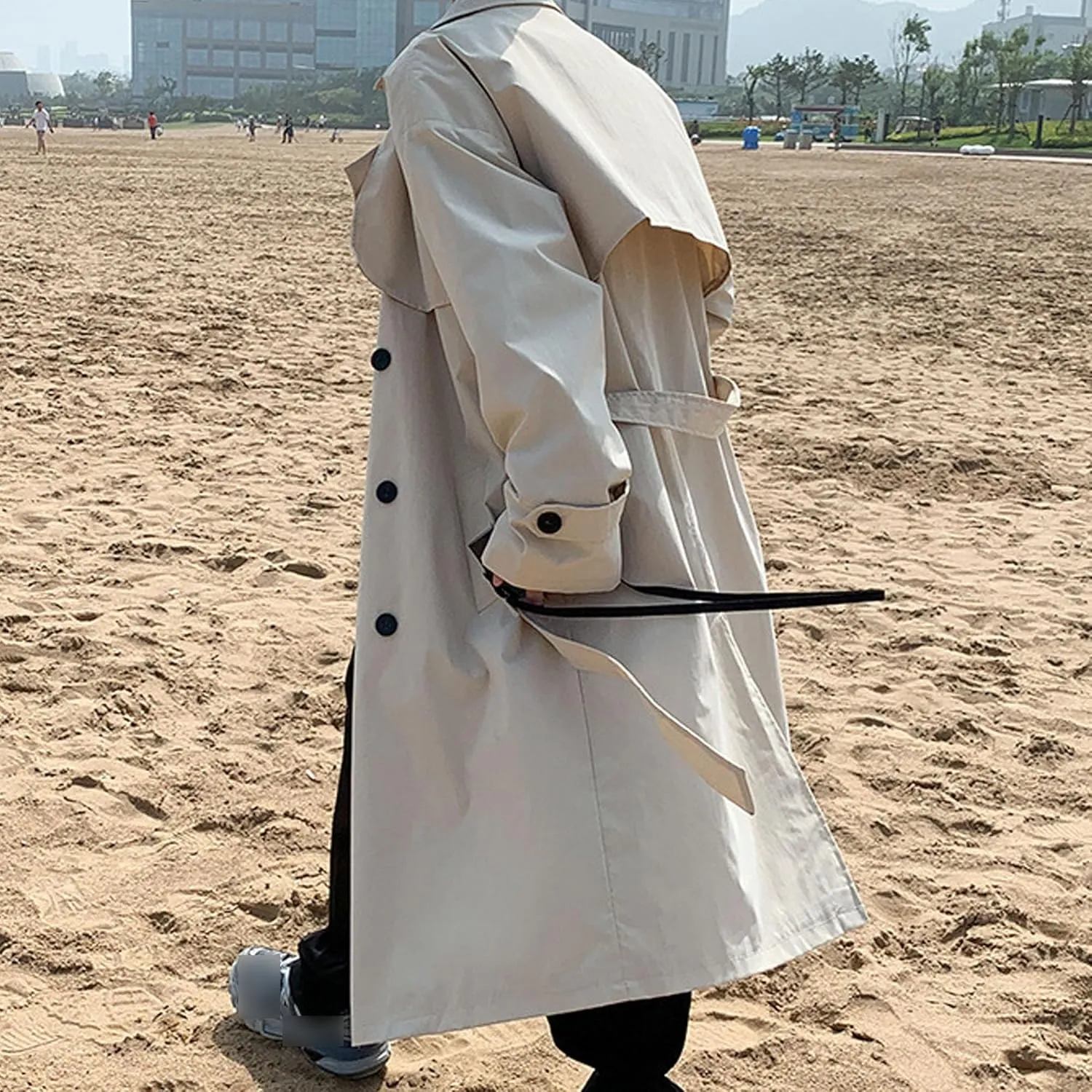 Man's Double Breasted Trench Coat Casual Lapel Long Windbreaker Slim Fit Jacket Windproof Overcoat With Belt