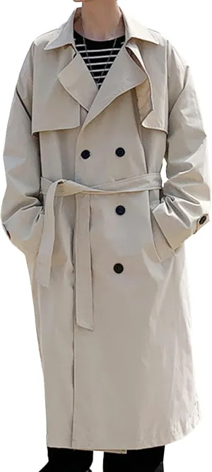 Man's Double Breasted Trench Coat Casual Lapel Long Windbreaker Slim Fit Jacket Windproof Overcoat With Belt