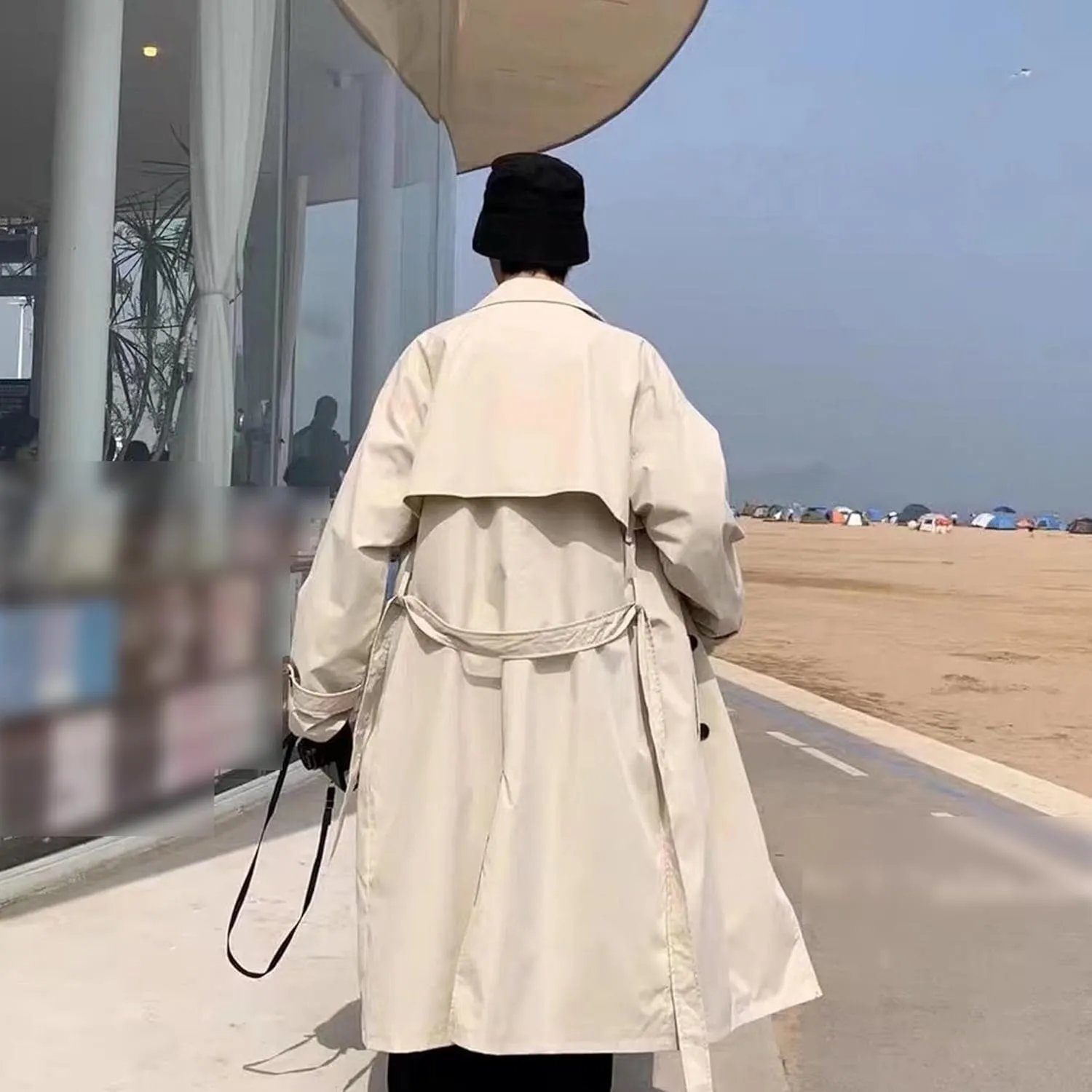 Man's Double Breasted Trench Coat Casual Lapel Long Windbreaker Slim Fit Jacket Windproof Overcoat With Belt
