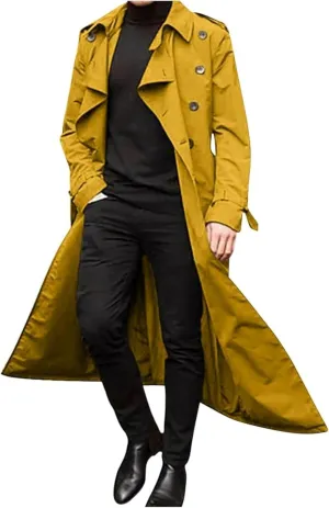 Man's Double Breasted Trench Coat Casual Lapel Long Windbreaker Slim Fit Jacket Windproof Overcoat With Belt