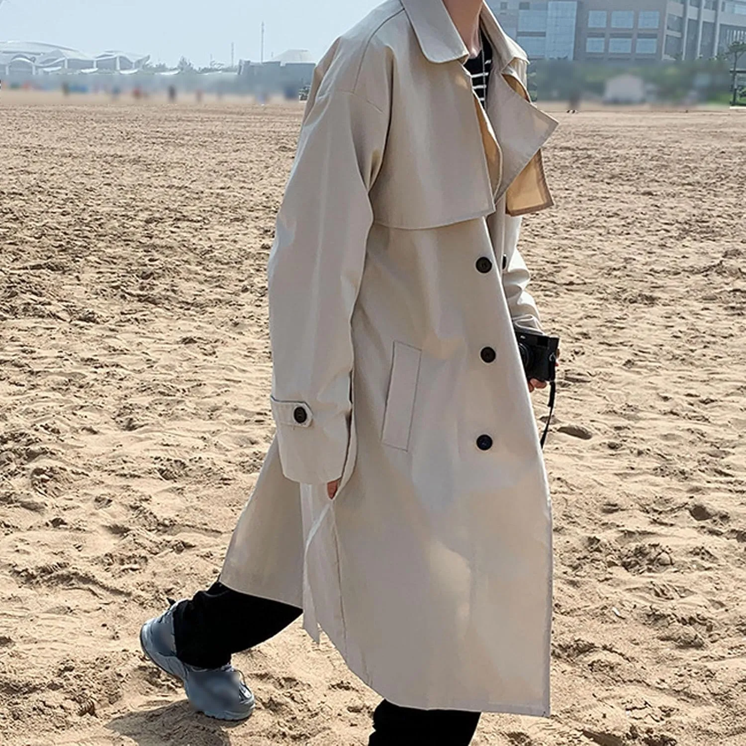 Man's Double Breasted Trench Coat Casual Lapel Long Windbreaker Slim Fit Jacket Windproof Overcoat With Belt