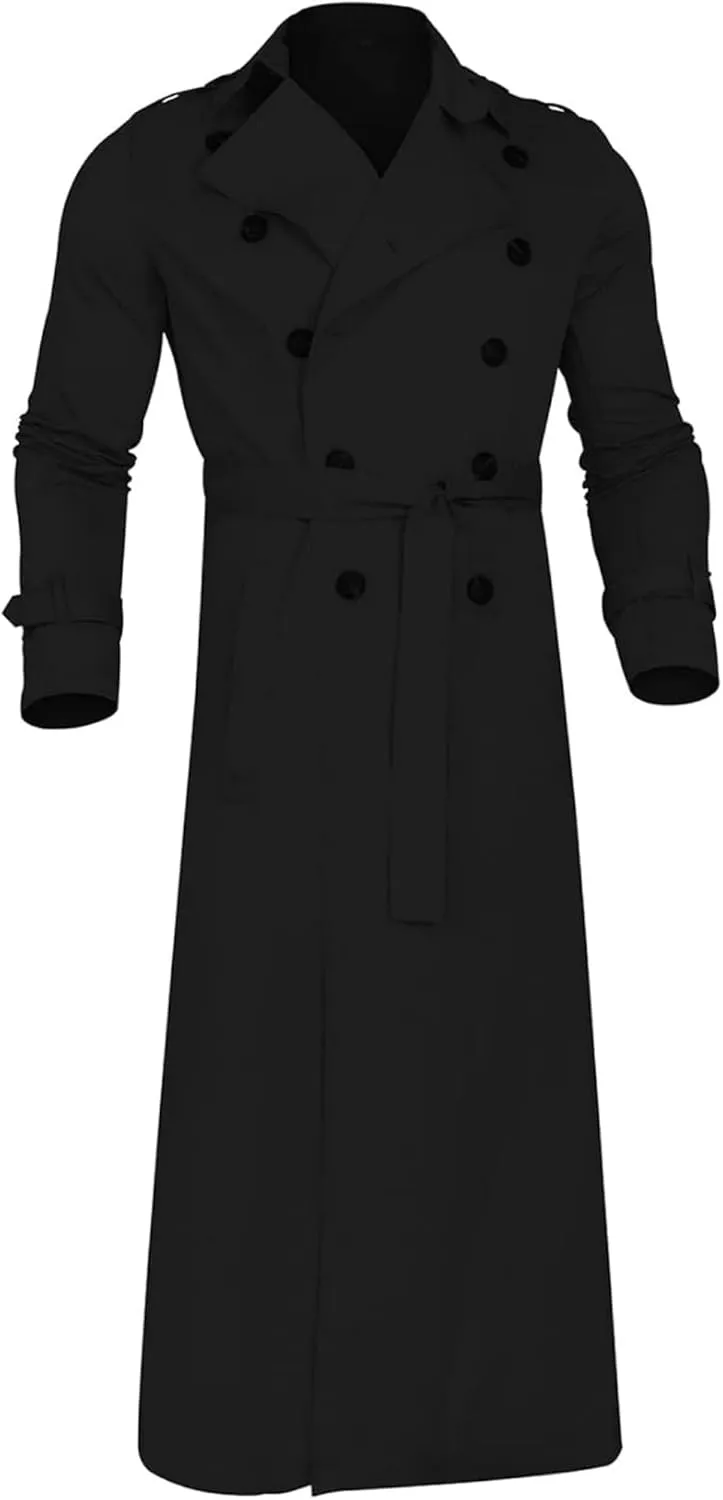 Man's Double Breasted Trench Coat Casual Lapel Long Windbreaker Slim Fit Jacket Windproof Overcoat With Belt